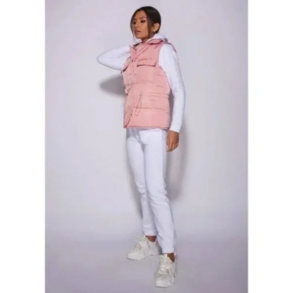 Pink Sleeveless Collared Double Breasted Padded Puffer Jacket Vest Gilet - Picture 12 of 16